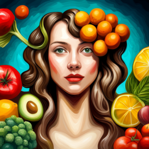 Oil painting style image of a young woman with blonde curly hair, surrounded by fruits and vegetables.