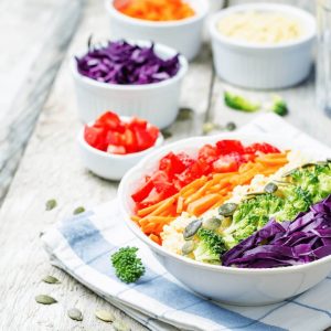 Rainbow veggie salad in a bowl. 