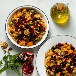 Harvest bowl with sweet potatoes, and Brussels sprouts. 