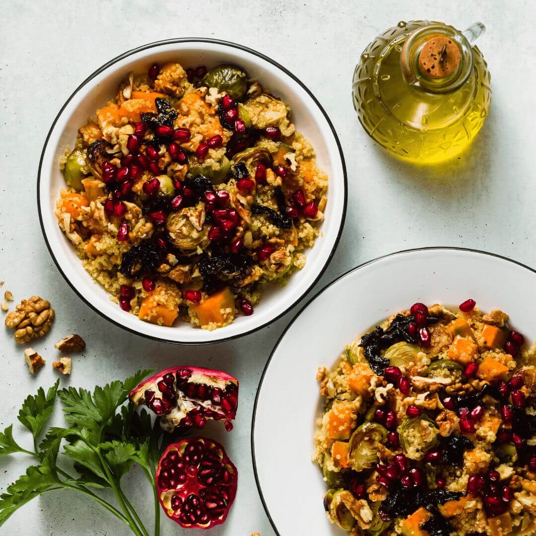 Harvest bowl with sweet potatoes, and Brussels sprouts.