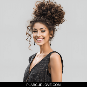 Girl with large bun hairstyle, jumbo messy bun. Fun hairstyle for curly haired girls. 