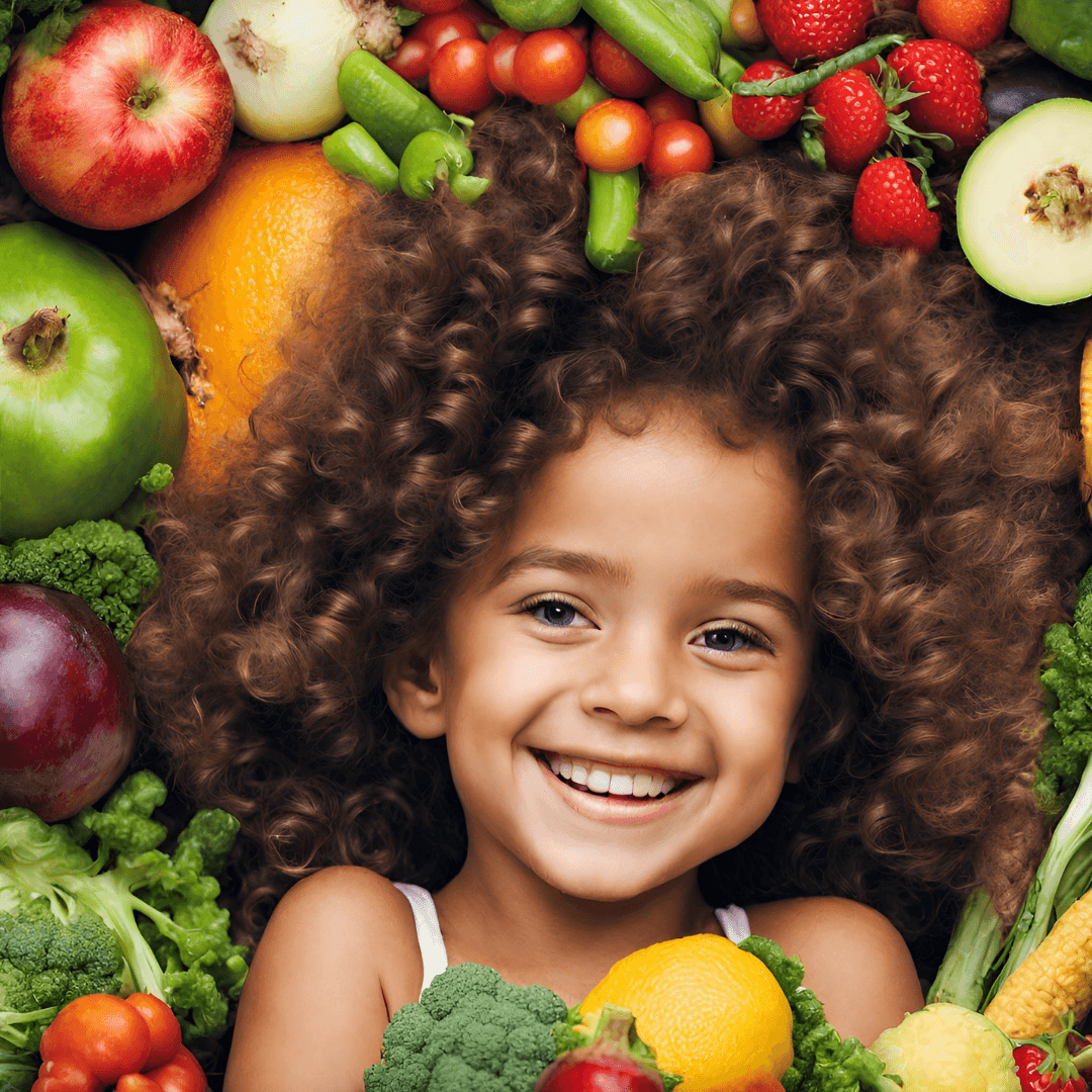 Child with curly hair and plant-based foods.