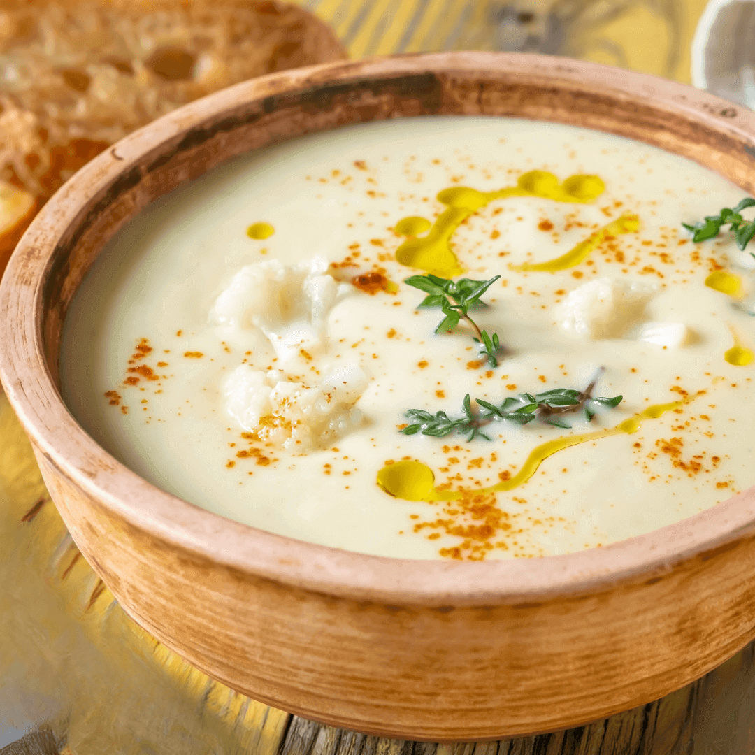 Creamy Cauliflower and Potato Soup with Roasted Garlic