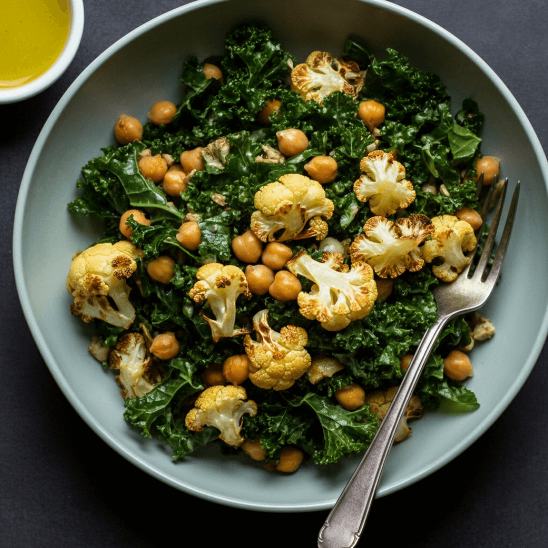 https://plabcurlove.com/recipes/roasted-cauliflower-and-kale-salad-with-lemon-garlic-dressing/