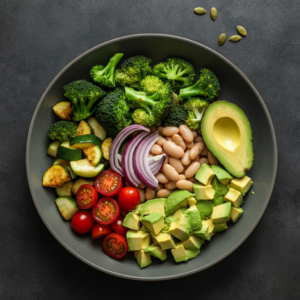 https://plabcurlove.com/recipes/roasted-veggie-salad-with-avocado-and-white-beans/